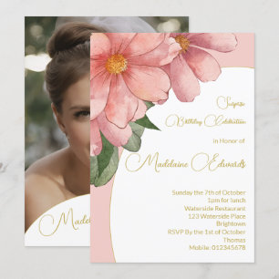 Invitation Adulte Anniversaire Photo Pink Gold Élégant Floral