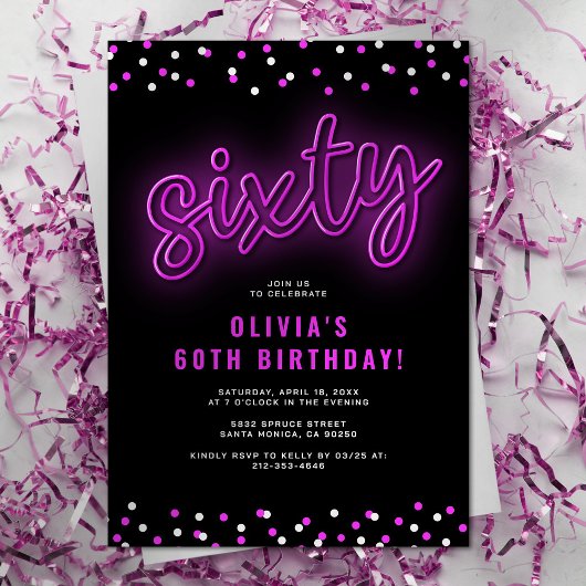 Invitation Adulte Pink Neon 60e anniversaire