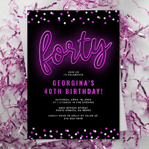 Invitation Adulte rose Neon fête du 40e anniversaire