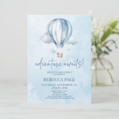 Invitation Adventure Attend ! Baby shower Blue Hot Air Balloo (Debout devant)