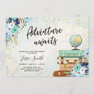 Invitation Adventure Await and Blue Floral Travel Baby shower