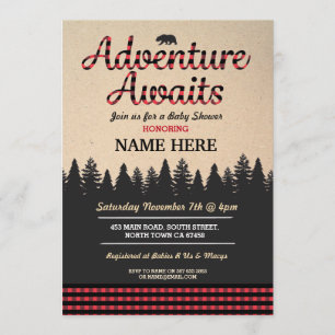 Invitation Adventure Await and Lumberjack Baby shower Red Inv