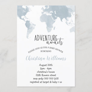 Invitation Adventure Await and the Blue World Map Boy Baby sh