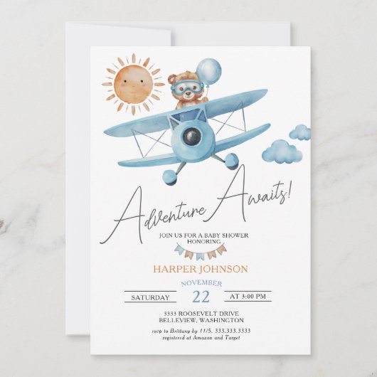 Invitation Adventure Await Avion Teddy Bear Baby shower (Devant)