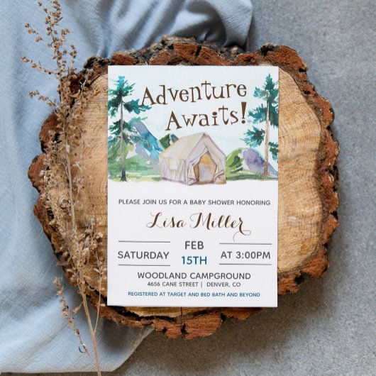 Invitation Adventure Await Baby shower de camping