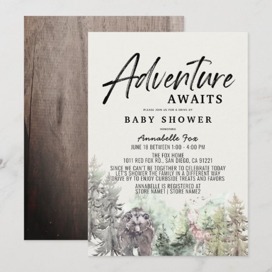 Invitation Adventure Await Bear Baby shower Drive-by (Devant / Derrière)