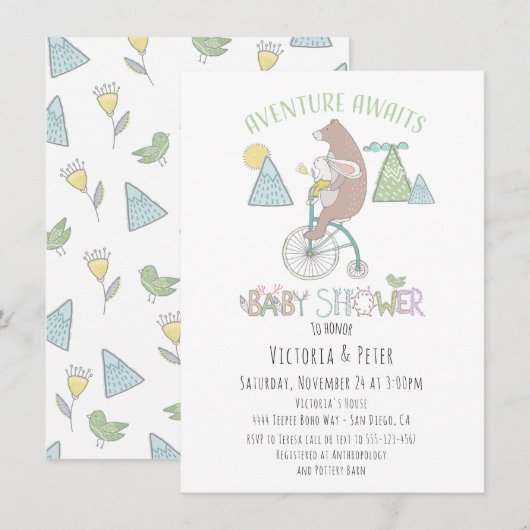 Invitation Adventure Await Bear Bunny Vélo Baby shower (Devant / Derrière)