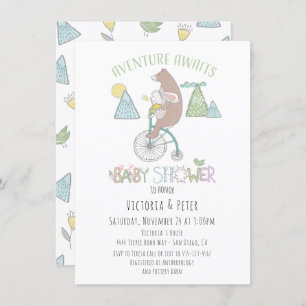 Invitation Adventure Await Bear Bunny Vélo Baby shower