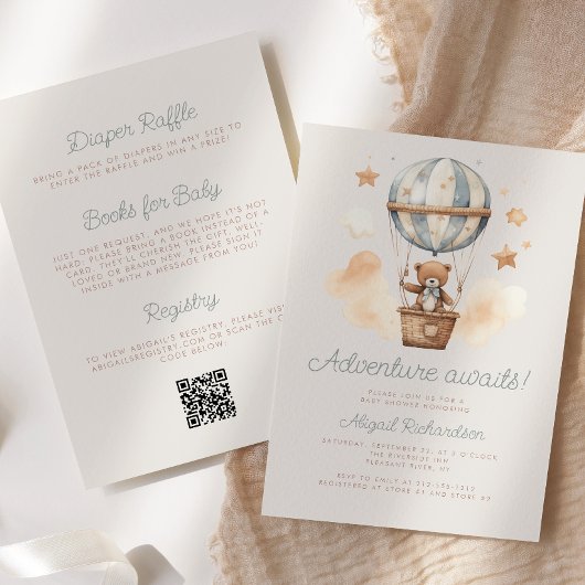Invitation Adventure Await Bear QR Code Boy Baby shower