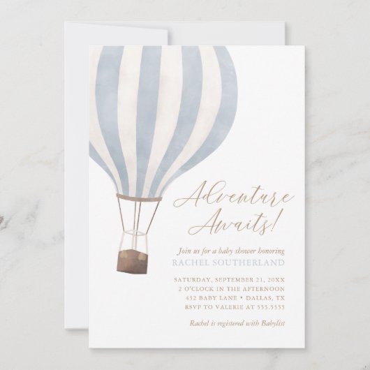 Invitation Adventure Await Blue Hot Air Balloon Baby shower (Devant)
