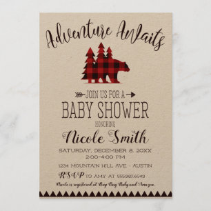 Invitation Adventure Await Buffalo Check Bear Baby shower