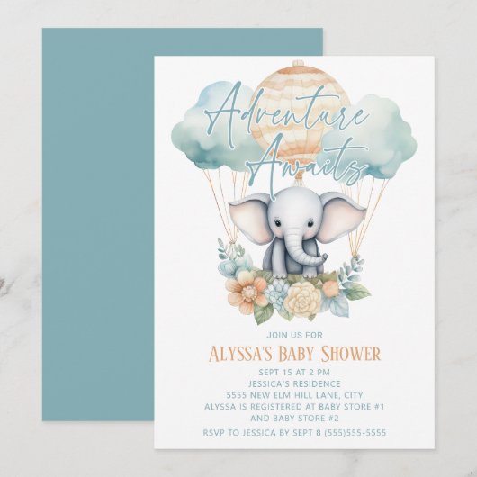 Invitation Adventure Await Elephant Hot Air Balloon Blue Boy (Devant / Derrière)