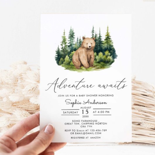 Invitation Adventure Await Forest Bear Baby shower moderne