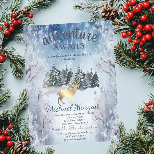 Invitation Adventure Await Forest Gold Deer Blue Retraite