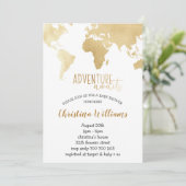 Invitation Adventure Await Gold Foil World Map Baby shower (Debout devant)