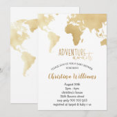 Invitation Adventure Await Gold Foil World Map Baby shower (Devant / Derrière)