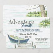 Invitation Adventure Await Lake et Canoe Baby shower (Devant / Derrière)
