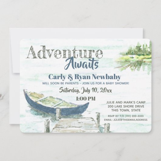 Invitation Adventure Await Lake et Canoe Baby shower (Devant)