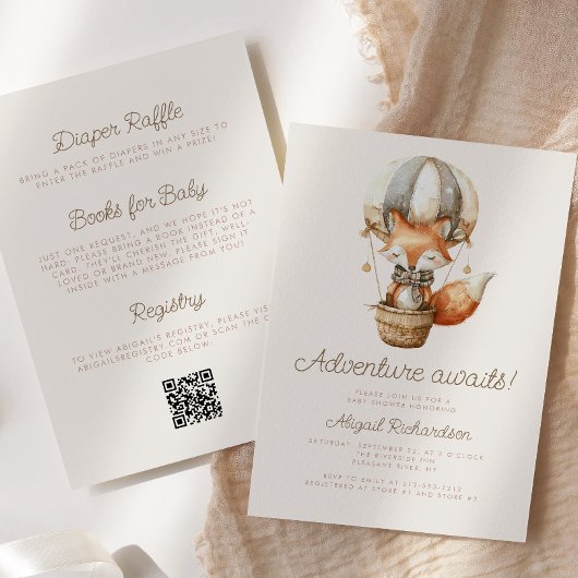 Invitation Adventure Await mignon Fox QR Code Baby shower