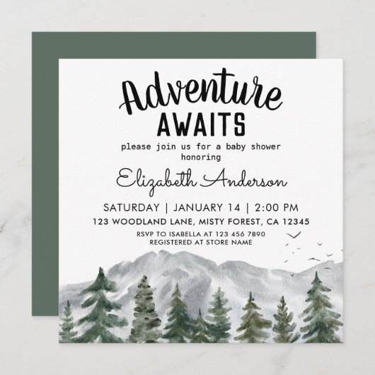 Invitation Adventure Await Misty Forest Boy Baby shower (Devant / Derrière)