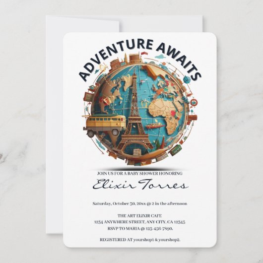 Invitation Adventure Await Modern Globe Baby shower (Devant)