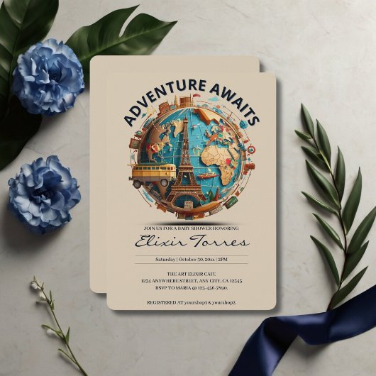 Invitation Adventure Await Modern Globe Baby shower