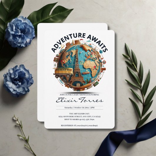 Invitation Adventure Await Modern Globe Baby shower