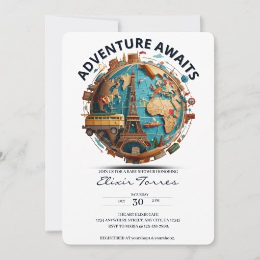 Invitation Adventure Await Modern Globe Baby shower (Devant)