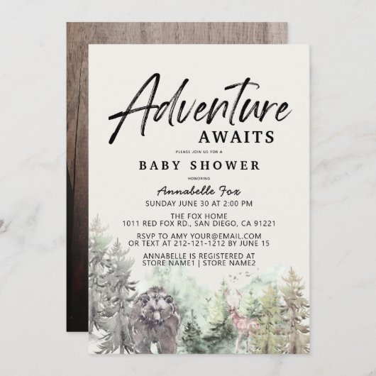 Invitation Adventure Await Mountain Bear Baby shower (Devant / Derrière)