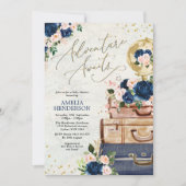 Invitation Adventure Await Navy Blush Travel Baby shower (Devant)