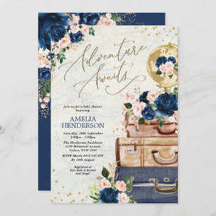 Invitation Adventure Await Navy Blush Travel Baby shower