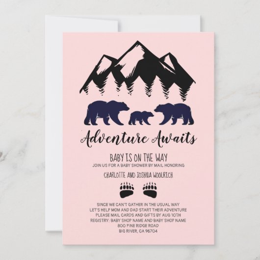 Invitation Adventure Await Ours Baby shower rose Par Mail (Devant)