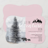 Invitation Adventure Await Pink Woodland Bears Baby shower (Devant / Derrière)