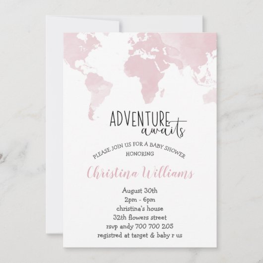 Invitation Adventure Await Pink World Map Baby shower fille (Devant)