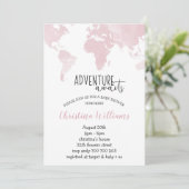 Invitation Adventure Await Pink World Map Baby shower fille (Debout devant)