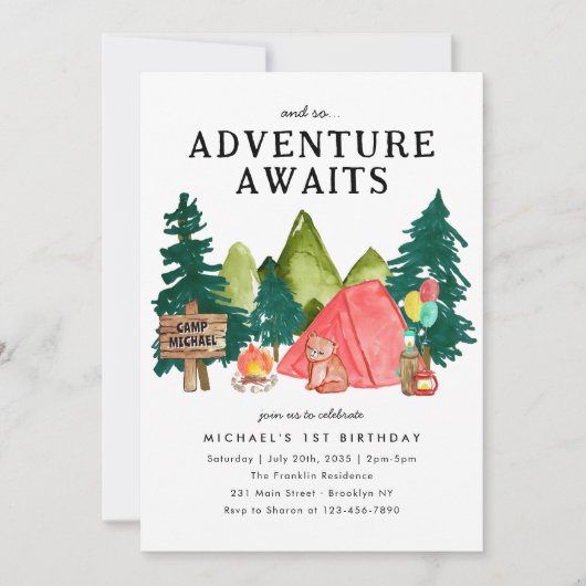 Invitation Adventure Await Red Tent Bear Camping Anniversaire (Devant)