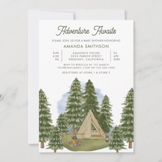 Invitation Adventure Await Rustic Forest Camping Baby shower (Devant)