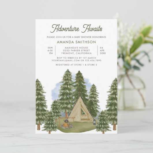 Invitation Adventure Await Rustic Forest Camping Baby shower (Debout devant)