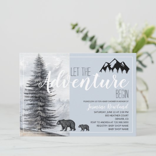Invitation Adventure Await Rustic Woodland Bears Baby shower (Debout devant)