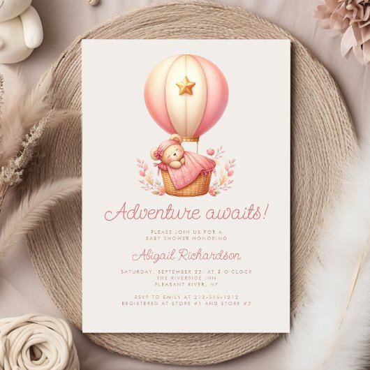 Invitation Adventure Await Teddy Bear Girl Baby shower