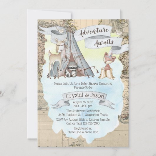 Invitation Adventure Await Travel Map Baby shower garçon (Devant)
