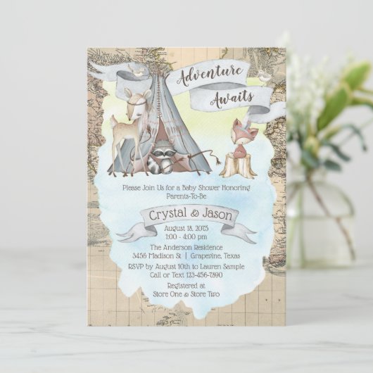 Invitation Adventure Await Travel Map Baby shower garçon (Debout devant)