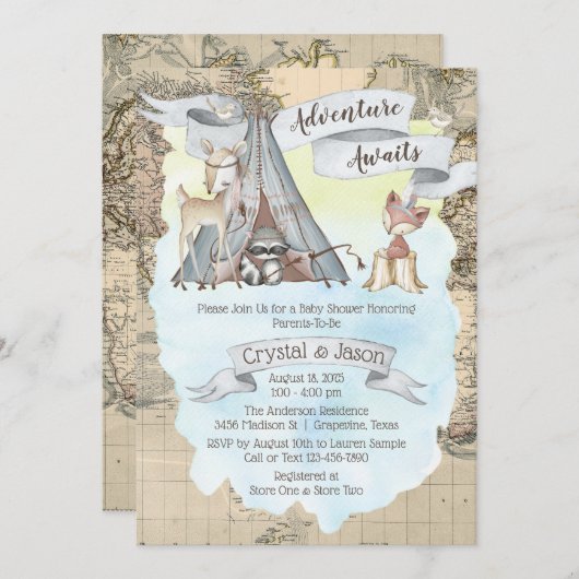 Invitation Adventure Await Travel Map Baby shower garçon (Devant / Derrière)