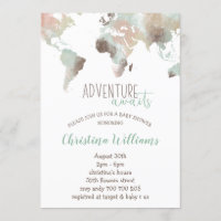 Adventure Await Watercolor World Map Baby shower