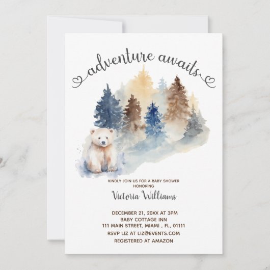 Invitation Adventure Await Winter Polar Bear Baby shower (Devant)