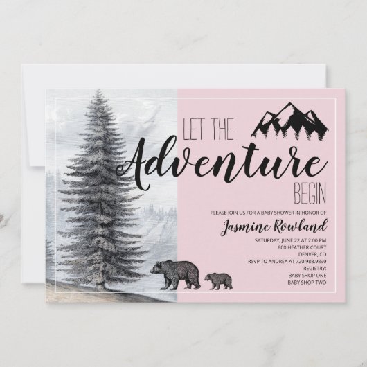 Invitation Adventure Await Woodland Bear Baby shower rose (Devant)