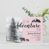 Invitation Adventure Await Woodland Bear Baby shower rose (Debout devant)