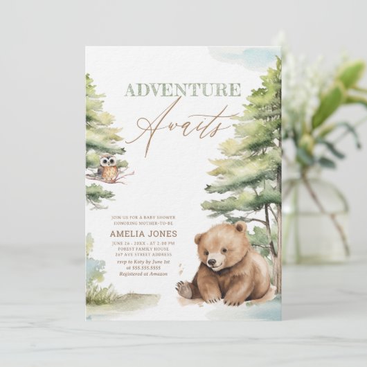 Invitation Adventure Await Woodland Teddy Bear Baby shower (Debout devant)