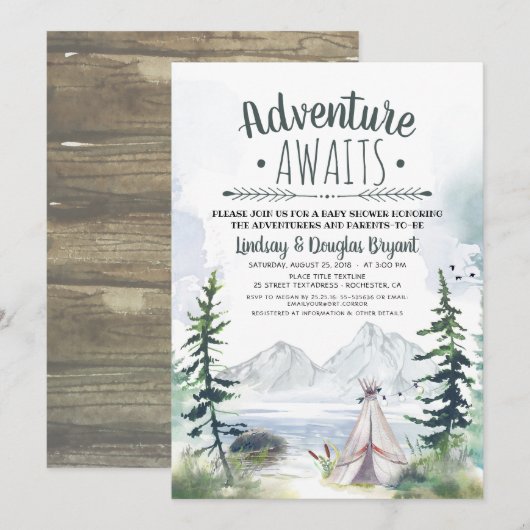 Invitation Adventure Await Woodsy Mountains Baby shower (Devant / Derrière)