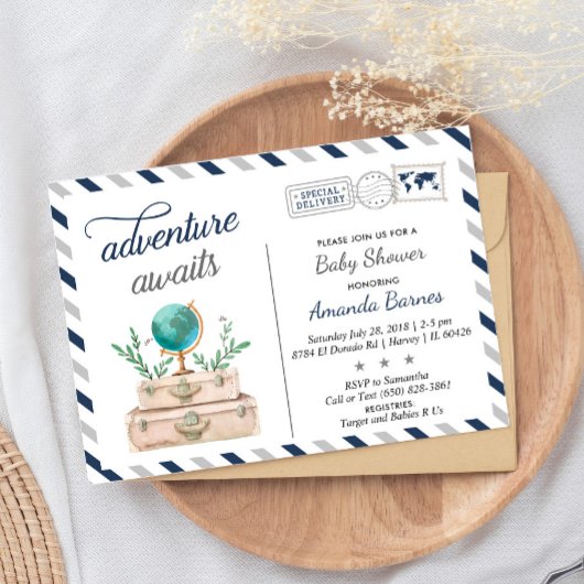 Invitation Adventure Await World Travel Baby Boy Shower Navy
